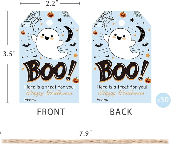 Aukolass 50Pcs Boo Gift Tags, Halloween Treat Tag for Spooky Boy Ghost Party Favor and Gift Wrapping Decoration (Blue Boo)