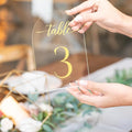 Clear Arch Acrylic Table Numbers for Wedding Reception - 5" x 7" Gold Font Centerpiece Set with Holder Stands & Head Table Sign - Anniversary, Event, Party, Wedding 1-15