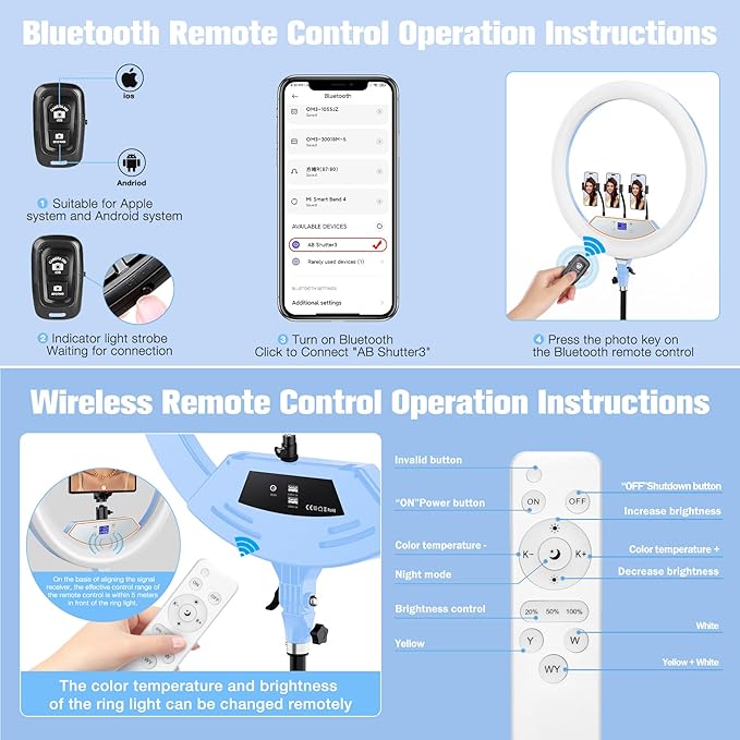 Ring Light 22inch Kit: Ring Light Tripod for iPhone ipad, with 75" Tripod/LCD Display/2 USB Ports Overhead Phone Mount for Video Recording, Zoom Meeting,YouTube,TikTok (Blue)