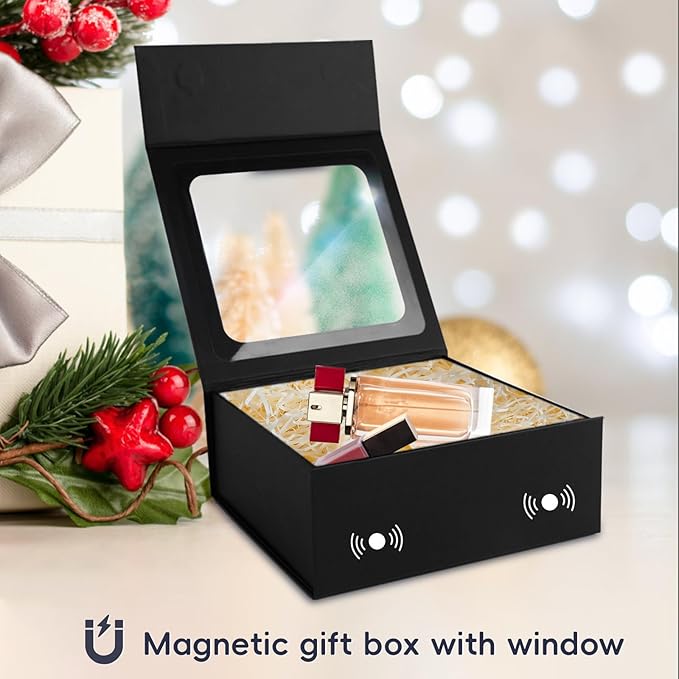Black Gift Box with Window,7.5"x7.5"x3.1" Bridesmaid Boxe for Gift Giving,Birthday Gifts Boxes with Magnetic,Closure Lid Gift Boxe for Presents,Cute Box,Luxury for Gift Packaging,Gift Boxes for Wrapping Gifts