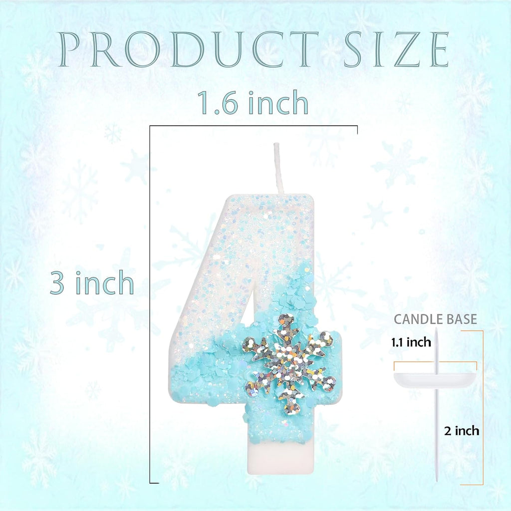 Sky Blue Frozen Themed Birthday Candles, Snowflake Number Candles for Kids Adults Birthday Party Supplies, 2.76 inch Number 4 Candle Cake Topper Decorations (Number 4)
