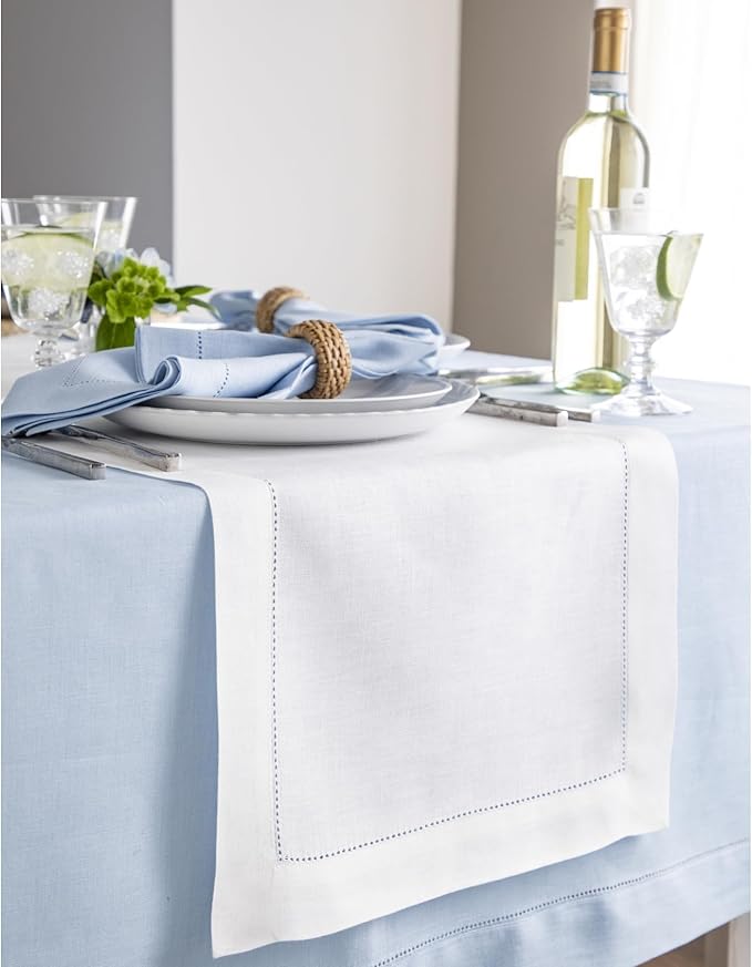 Solino Home Linen Table Runner 90 Inches Long - Classic Hemstitch 100% Pure Linen White Dining Table Runner 14 x 90 Inch for Fall, Autumn, Halloween, Thanksgiving, Holiday