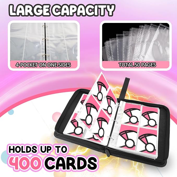 Trading Card Binder 4-Pockets, 400 Pockets Card Holder with 50 Removable Sleeves, Large Capacity & Waterproof Zipper Album Holder for Trading Card Collector，Portable Card Album Book for Card-Pink