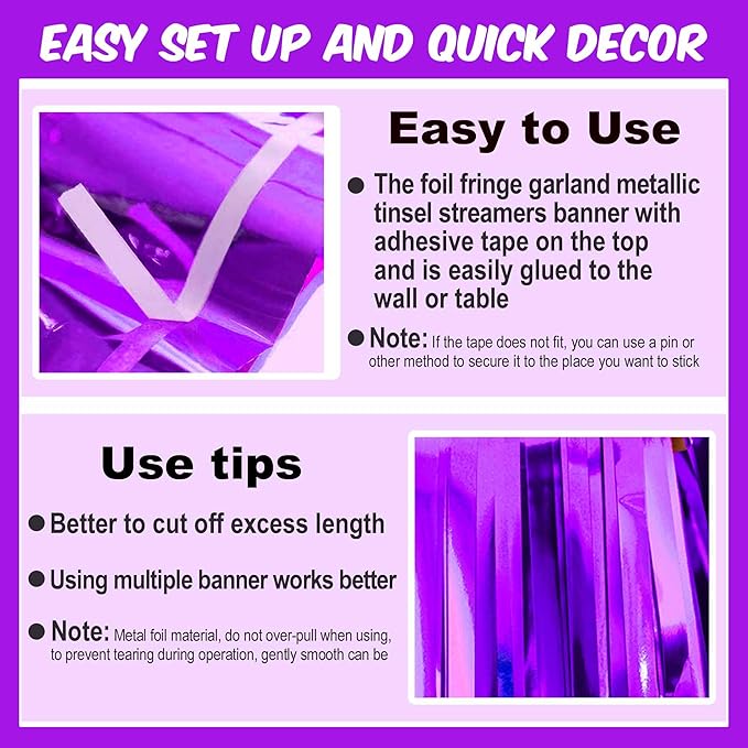 6 Pack 10 Ft Purple Foil Fringe Garland Metallic Streamers Tinsel Banner Wall Hanging Garland Backdrop for Parade Floats, Halloween, Christmas, Thanksgiving, New Year Party Decorations