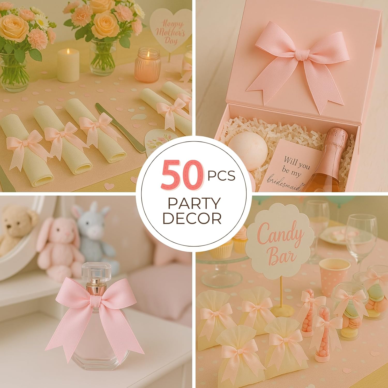 Pink Gift Wrap Bows - 50pcs 3.3 Inch Elegant Bows for Gift Wrapping, Party Decorations, Wedding Decor, Birthday Presents, Holiday Gifts, DIY Crafts, Baby Shower, Anniversary, Christmas, Gift Bags