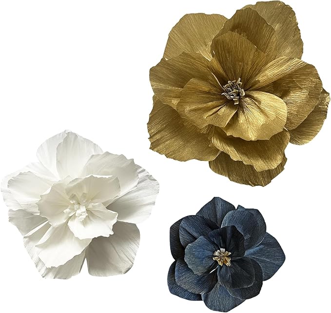 BRT Bearingshui Crepe Paper Flowers Decoration for Wall Total 9 Pcs, Artificial Flowers Backdrop for Wedding Decor Baby Bridal Shower Birthday Party, Gold White Black 3D Wall Flowers Decor