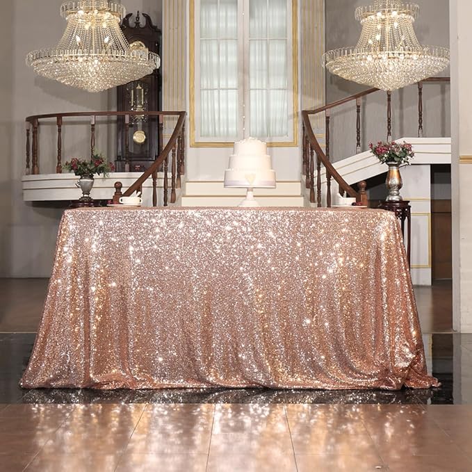 SquarePie Sequin Tablecloth 50 x 72 Inch Rose Gold Sparkly Table Cloth for Wedding Party