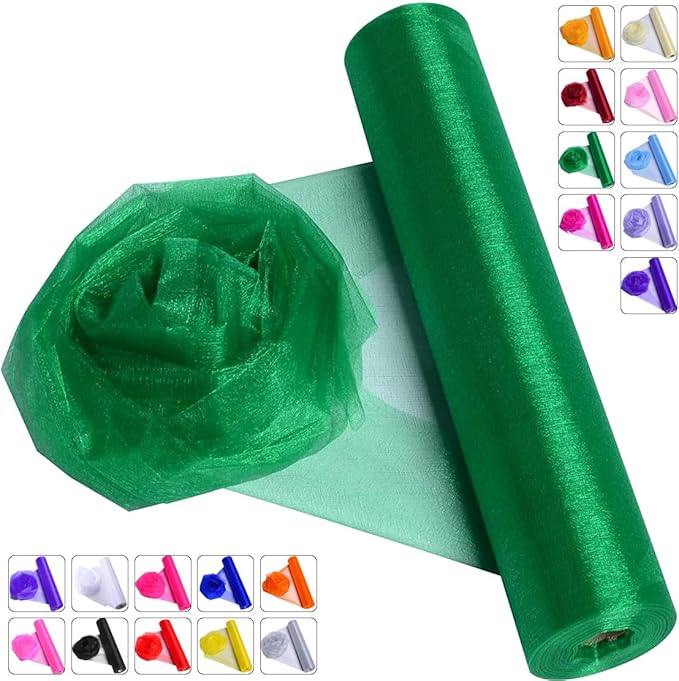 Crystal Organza Fabric Tulle - 16" by 50 Yards Sheer Fabric for Wedding Party Decoration Bridal Shower Tutu Roll Netting Spool Ribbon Wrapping (Green)