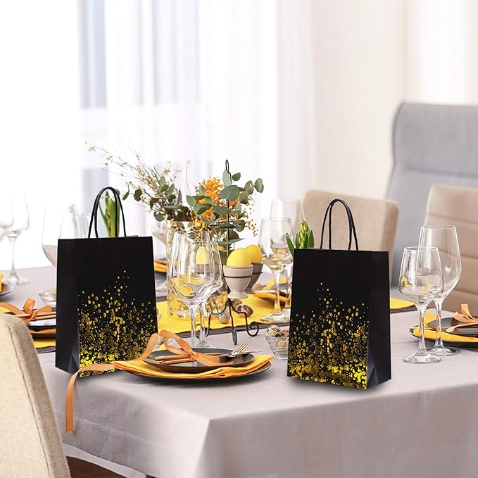 Cooraby 30 Pieces Bronzing Gold Black Paper Kraft Polka Dot Party Bags With Handle for Party Favors and Hen Parties