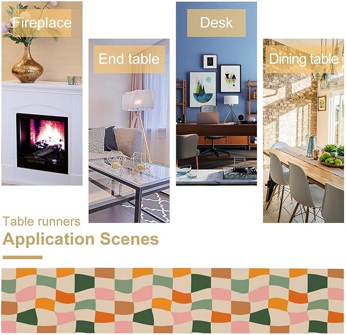 Hippie Table Runner, Vintage Geometric Square Orange Green Pink Grid 60s 70s Style Kitchen Dining Room Decor for Indoor Outdoor Wedding Party Table Runner 13x108 Inch