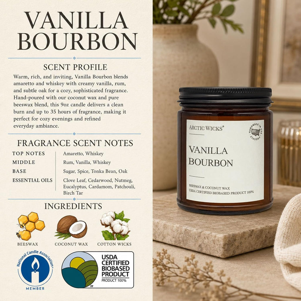 Vanilla Bourbon Candle | Arctic Wicks 9oz Coconut & Beeswax Candles | Scented Non-Toxic Candles for Fall, Winter, Holidays, Gifts for Him, Whiskey Bourbon, Vanilla Candle | USDA Certified Biobased