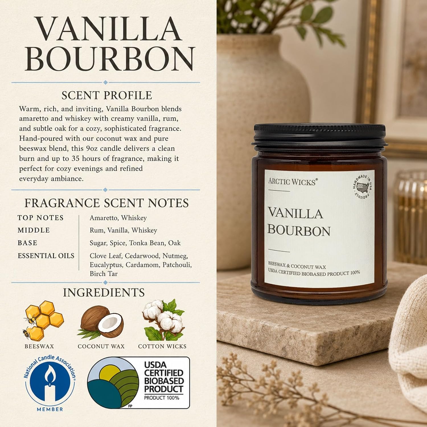 Vanilla Bourbon Candle | Arctic Wicks 9oz Coconut & Beeswax Candles | Scented Non-Toxic Candles for Fall, Winter, Holidays, Gifts for Him, Whiskey Bourbon, Vanilla Candle | USDA Certified Biobased