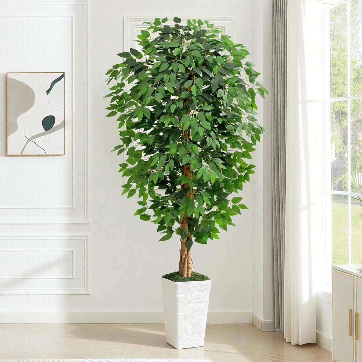 6ft Ficus Artificial Tree with 3 Natural Curved Trunks, 74" Tall Lush Fa...