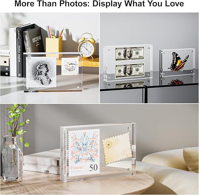 3 Pack 2x6 Acrylic Picture Frames - 20% Thicker Double Sided Magnetic Frame with UV Protection - Freestanding Clear Frameless Display for Tabletops - Modern Photo Frame Set for Home & Office Decor