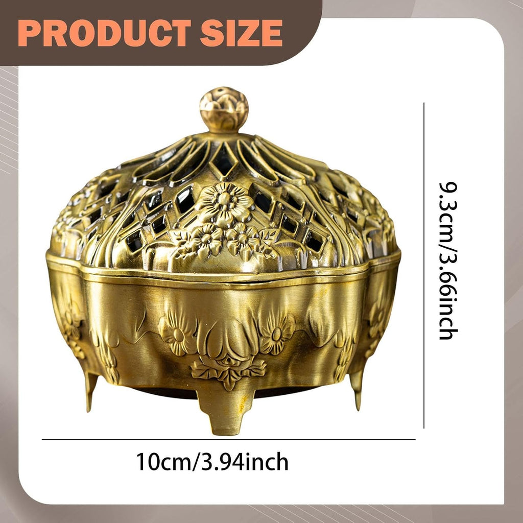 Brass Censer Bowl Holder with Lid Coil Cone Stick Accessory Traditional Round Base Patterned Craft Suitable for, Yellow