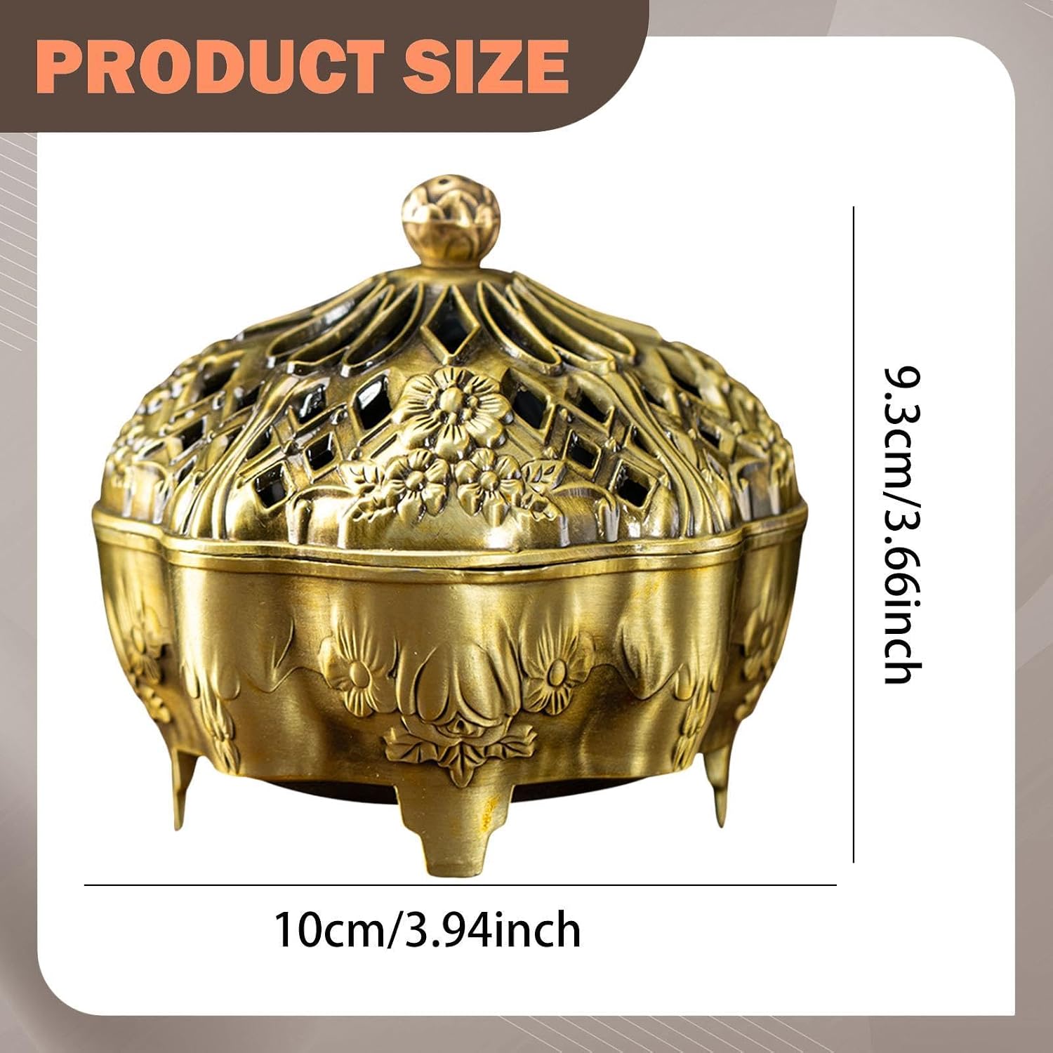 Brass Censer Bowl Holder with Lid Coil Cone Stick Accessory Traditional Round Base Patterned Craft Suitable for, Yellow