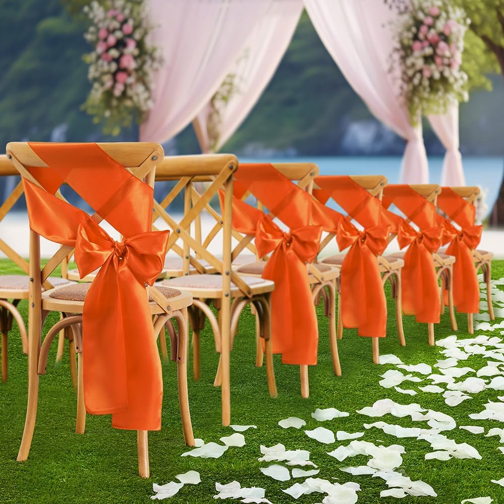 Orange Satin Chair Sashes Bows, 6 x 108 inch, 10 Pcs | Universal Chair Cover, Wedding Reception Events Banquets Party, Hotel Event Decorations