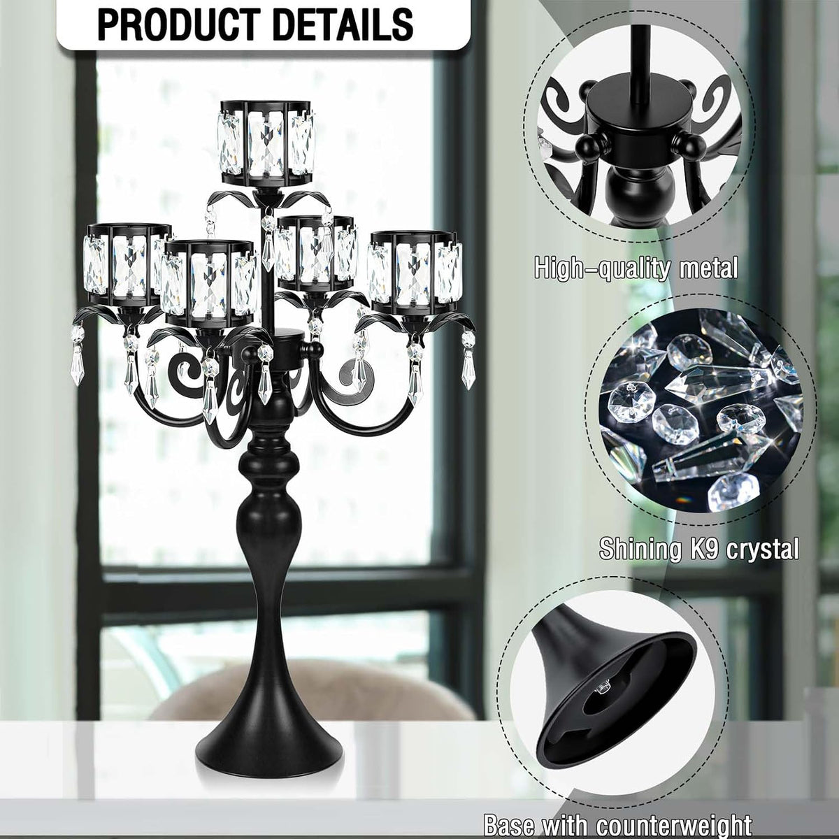 1PC Black 5-Arm Crystal Pendant Metal Candle Holder with Square Crystal Bowl,...