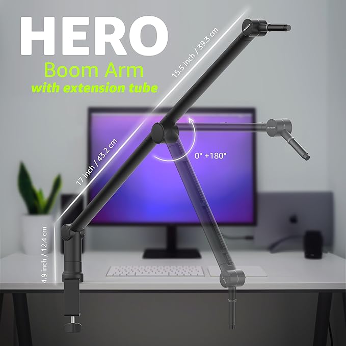 IXTECH Boom Arm Mic Stand with Extension Tube Upgraded Microphone Arm for Shure SM7B MV7 Blue Yeti Sturdy Stainless Steel Mic Arm Desk Stand Foldable Scissor Arm Microphone Mount for Podcast Gaming