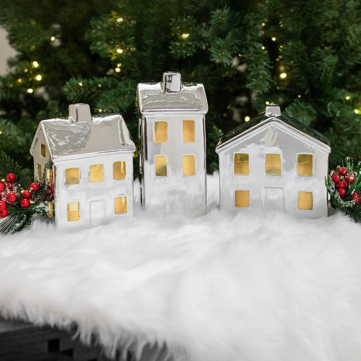 mark feldstein chrome finish porcelain led village, set, package contents