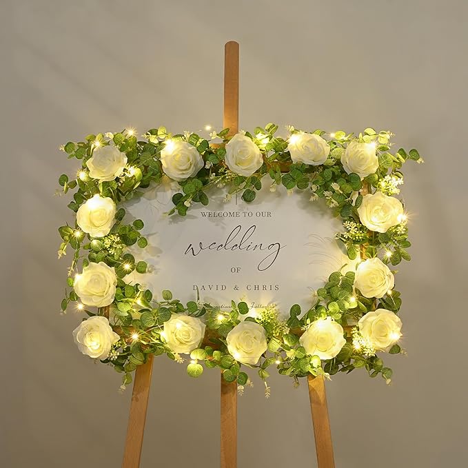 Dolicer 2Pcs 13Ft Artificial Eucalyptus Garlands with Flowers - 8 Roses, Faux Floral Greenery Garlands with 13Ft String Lights Fake Flower Vines for Wedding Table Centerpieces Arch Party Decor (White)