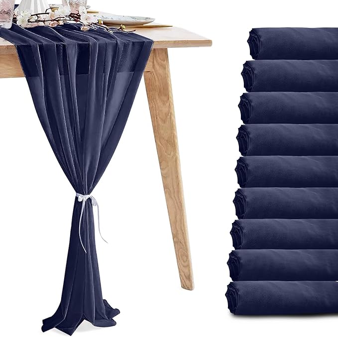 10 Pack 10ft Navy Blue Chiffon Table Runners Wedding Table Runner Sheer Romantic Tulle Table Runner for Christmas Wedding Bridal Tea Party Baby Shower Birthday Party Table Decorations(120 x 12 in)