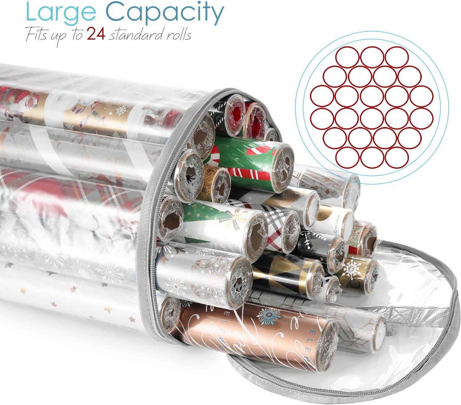 Hearth & Harbor Wrapping Paper Storage Container - Clear Wrapping Paper Holder Fits Up To 14 Rolls of 40" - Tear Proof Gift Wrap Organizer - Premium Bag for Easy Carrying, Silver