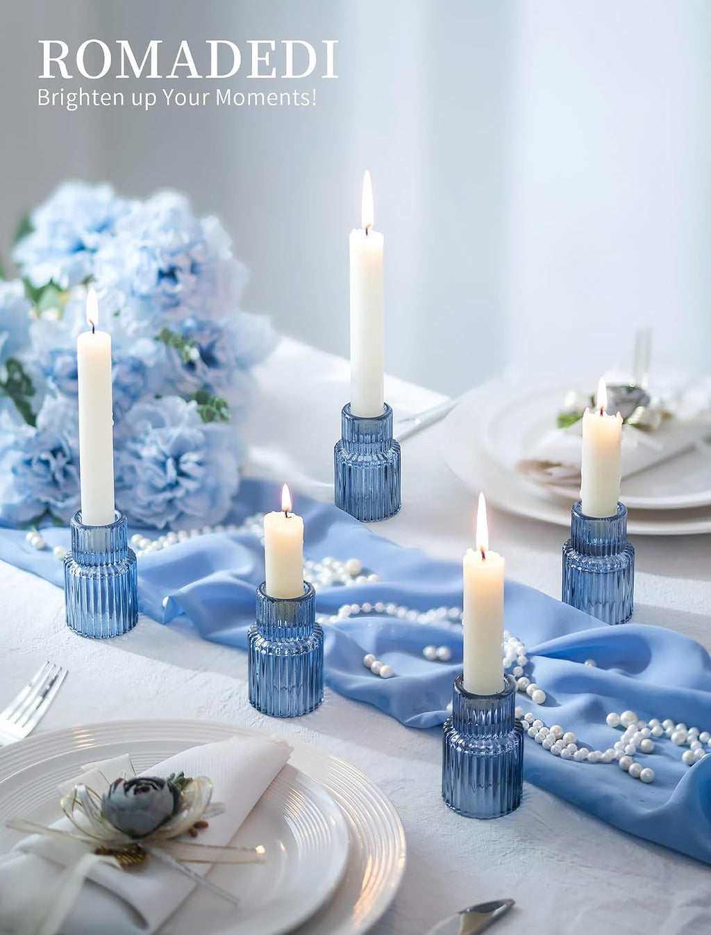 Romadedi Glass Candle Holders for Candlestick - 10 Pcs Blue Tapered Candle Sticks Holder Decor Bulk for Wedding Table Centerpiece Ribbed Taper Holder for Birthday Party Bridal Showers