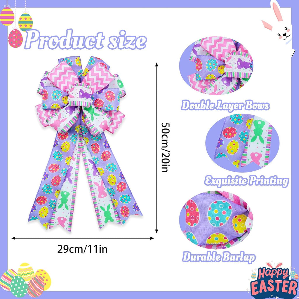 Montekin Large Easter Bows for Wreath 20x11 Inch, 2 Pack Pre-Tied Easter Egg Wired Ribbon Bow, Big Tree Topper Bow for Front Door Indoor Outdoor Spring Summer Decoration (Purple)
