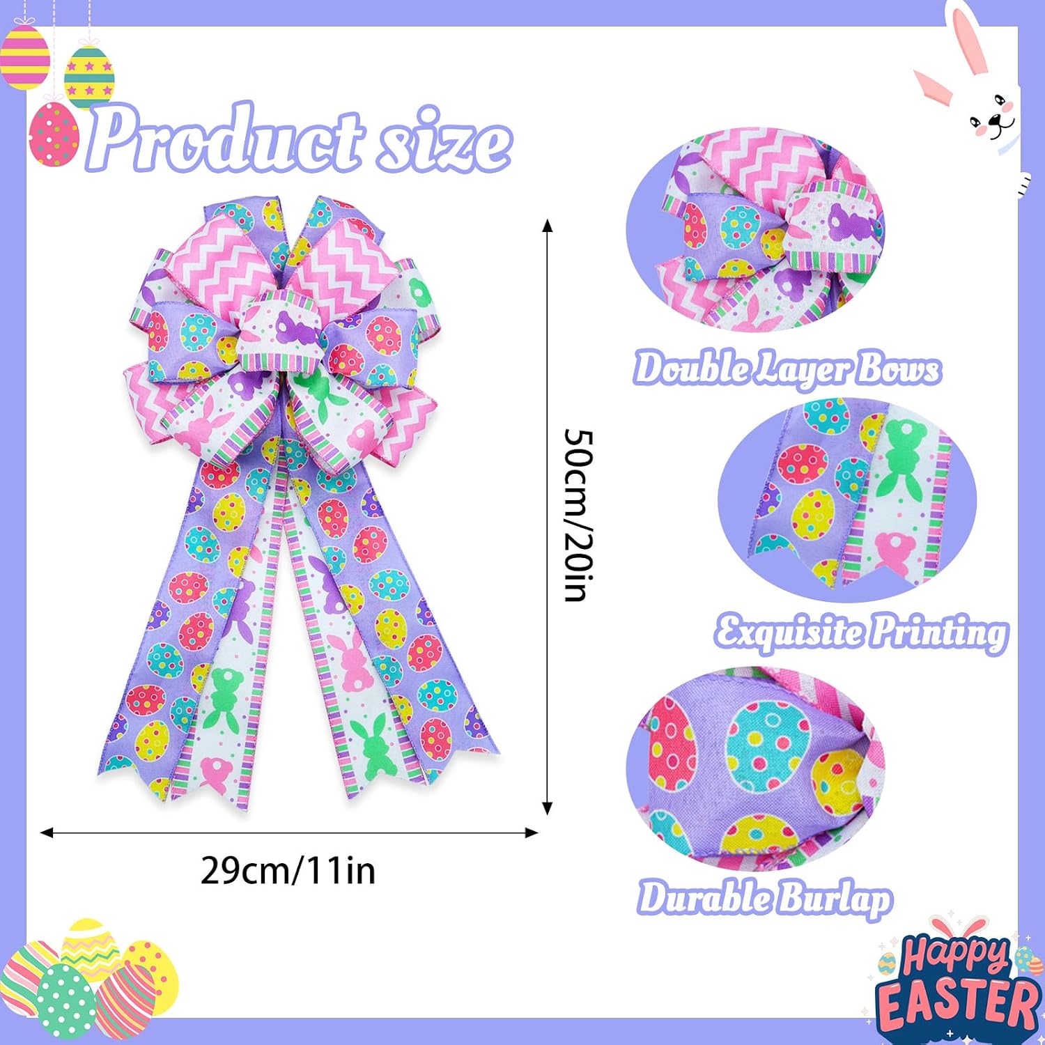 Montekin Large Easter Bows for Wreath 20x11 Inch, 2 Pack Pre-Tied Easter Egg Wired Ribbon Bow, Big Tree Topper Bow for Front Door Indoor Outdoor Spring Summer Decoration (Purple)