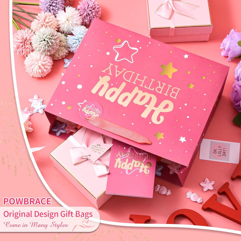 Powbrace 13" Pink Happy Birthday Gift Bag with Tissue Paper and Greeting Card for Party,Happy Birthday Gift Bag for Men Women,Gift Bags Medium size(1 PCS Pink Hot Stamping)