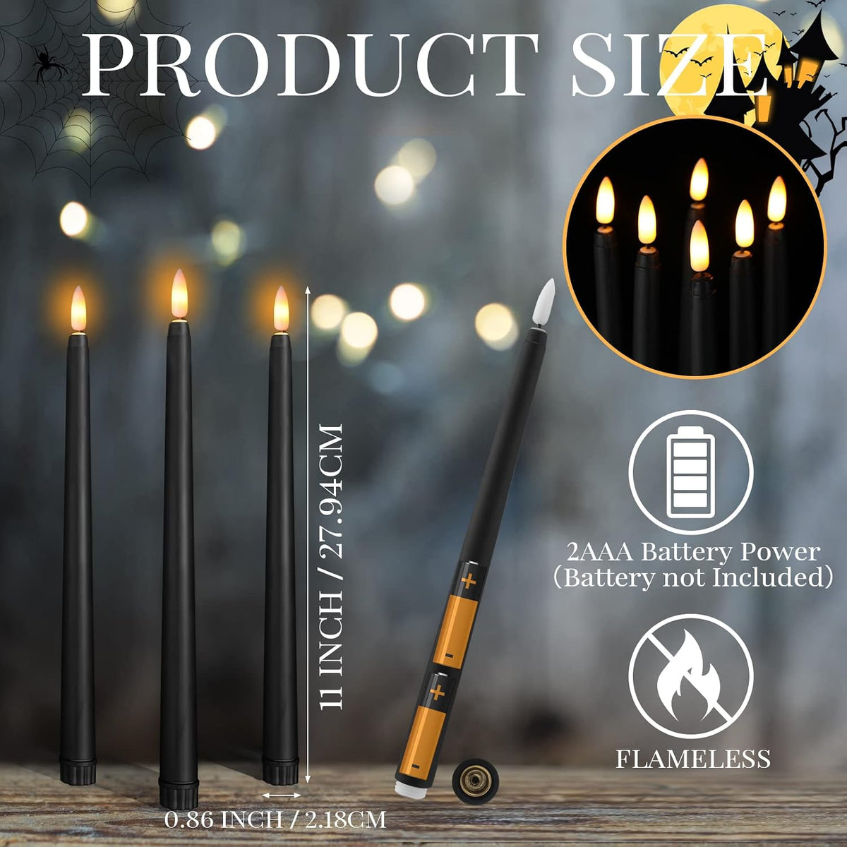 Macarrie 24 Packs Flameless Taper Candles Battery LED 11",Black