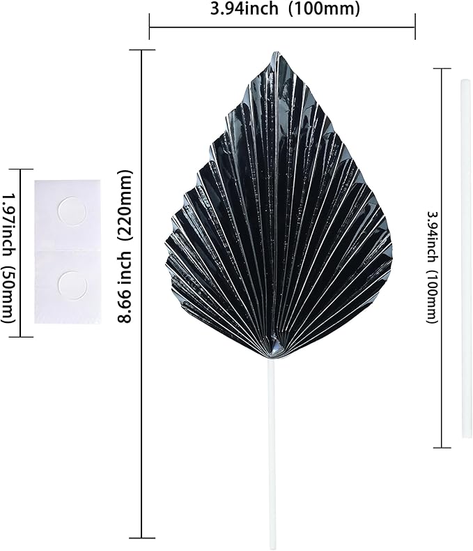 Ephlyn 6Pcs Paper Palm Leaves Fan Cake Toppers Palm Leaf Fan Cake Picks Craft DIY Fan Cupcake Toppers Palm Spear Leaves Cake Decorations for Baby Shower Wedding Birthday Party Supplies Bright Black