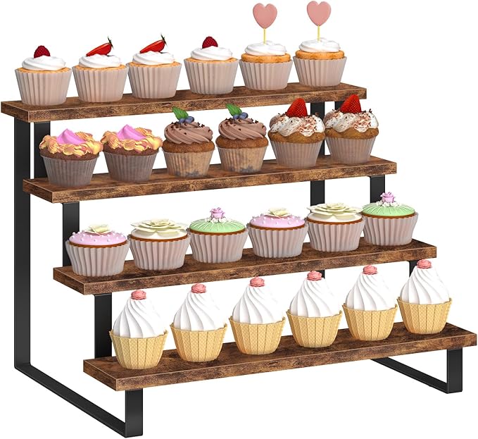 ELITEROO Cupcake Display Stand, 4 Tier Wooden Dessert Stand, Cookie Treat Stands for Dessert Table Set, Food Display Risers for Party Wedding Decor Birthday Graduation, Rustic Brown Straight