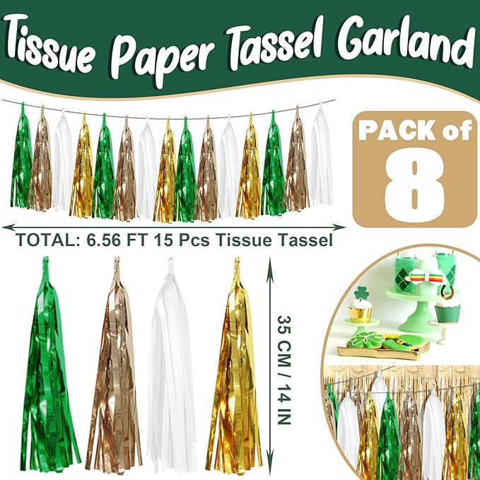 8P Sage-Green Beige-Mint Gold Foil Fringe Metallic Tassel Garland Banner, Tassels Banner Streamers for Parade Floats, Bachelorette, Wedding, Birthday, Christmas, Bridal/Baby Shower Party Decorations