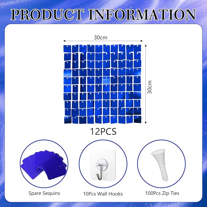 12PCS Blue Shimmer Wall Backdrop, Square Sequin Photo Backdrops Panel, Glitter Wall Background for Birthdays, Weddings, Graduation, Baby Showers, Disco Bachelorette Party Decoration (3FTx4FT)