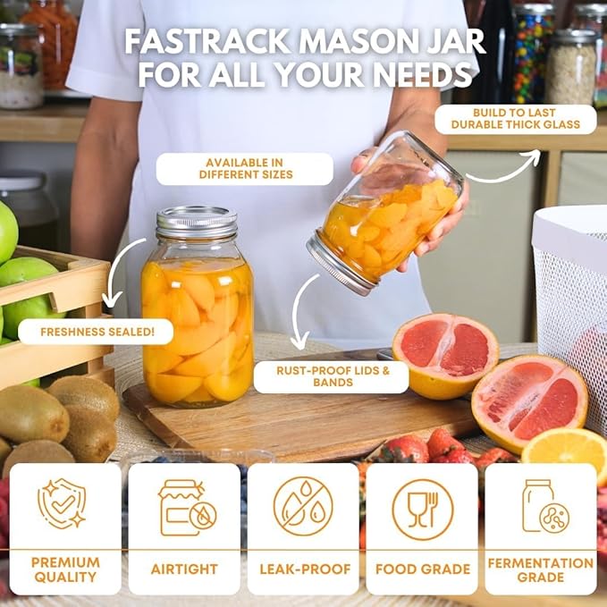 FastRack Regular Mouth Mason Jars 16 oz with Airtight Lids – Pack of 4 | Empty Glass Canning Jars for Food Storage, Fermentation, Pickling Canning, Meal Prep, Pantry Organization & Kombucha Brewing