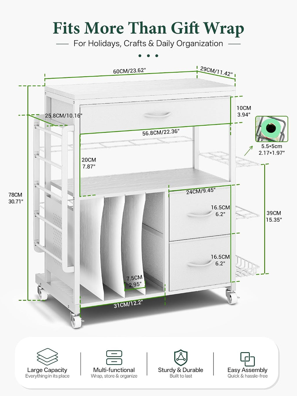 PUNLUXU Wrapping Paper Storage Cart, Rolling Gift Wrap Station with Ribbon and Gift Bag, Craft Organizer Holder, 03 MAX Patent Protected