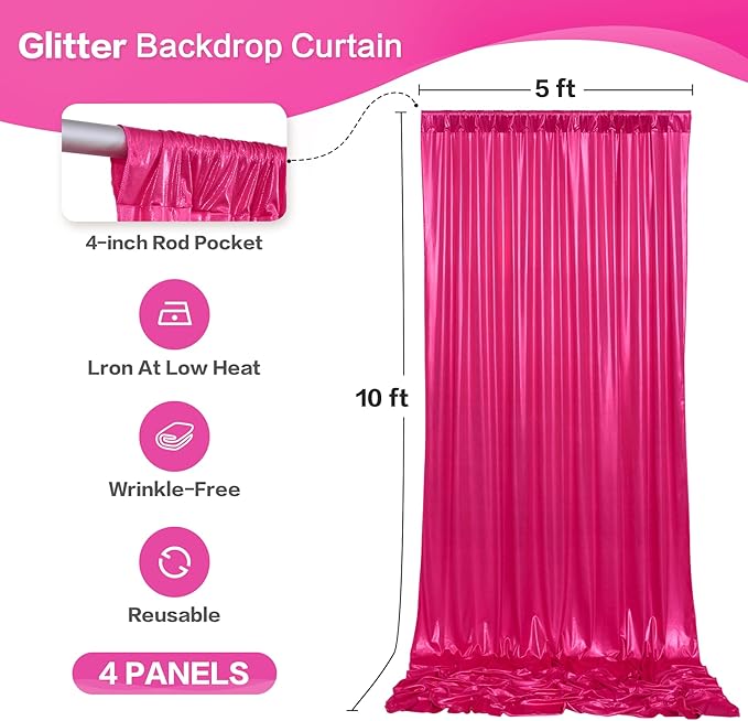 gogoparti 20x10FT Hot Pink Sequin Backdrop Curtain - 4 Panels of 5x10FT Wrinkle-Free Glitter Drapes for Photography, Birthdays, Weddings & Graduations