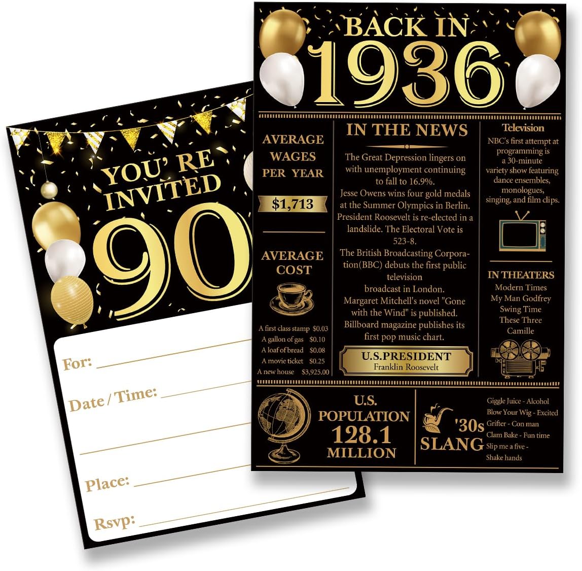 90th Birthday Party Invitations for Women Men - Back in 1936 Invites 90 Year Old Party Invitations Set for Birthday Anniversary (20 Invites and Envelopes)