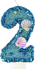 Blue Shell Sequin Number Candle Birthday Cake Number Candle for Mermaid Theme Party, Wedding, Party, Party Decoration Supplies (2)