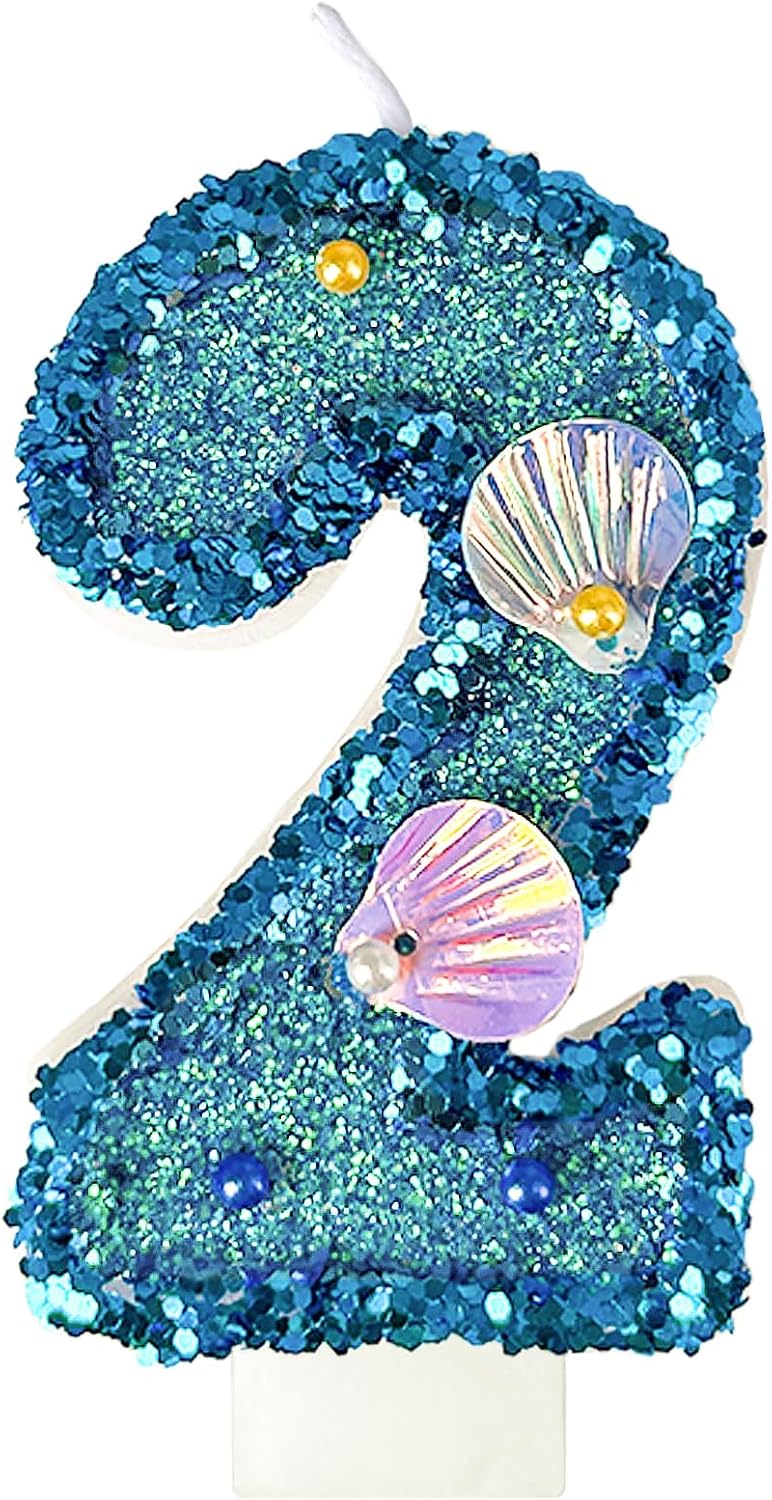 Blue Shell Sequin Number Candle Birthday Cake Number Candle for Mermaid Theme Party, Wedding, Party, Party Decoration Supplies (2)