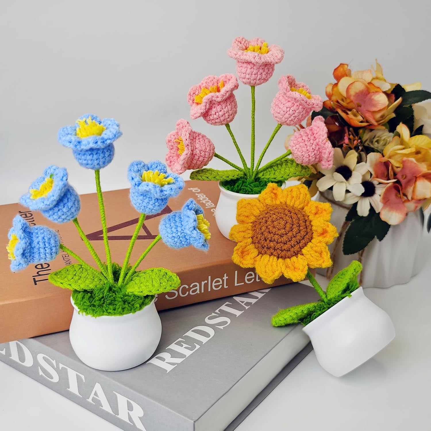 Crochet Flowers Gift Crochet Sunflower Emotional Support Plush Plant Cute Desk Decor Car Dashboard Home Office Decor Mothers Day Valentines Day Birthday Gifts (Orange)