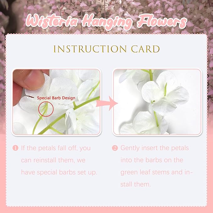 12 Pack Light Pink Wisteria Hanging Flowers, 3.44 Ft Fake Hanging Flowers, Artificial Wisteria Garland Vines for Wedding Room Backdrop Outdoor Patio Garden Decoration