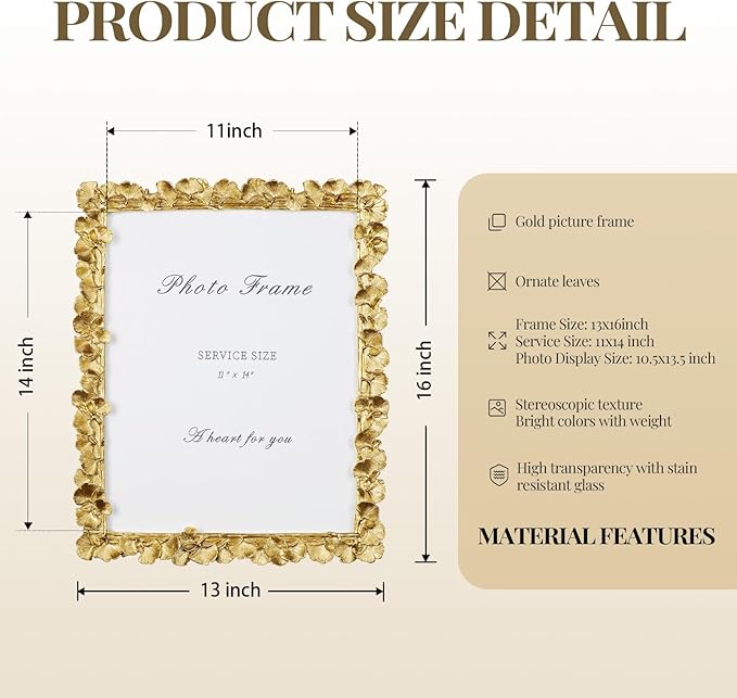 Cuspin 11x14 Picture Frame Vintage Gold Frames, Ornate Leaf Textured Hand-Crafted Resin with Glass Front, Gold Picture Frames for Tabletop Display, Retro Design Home Decor