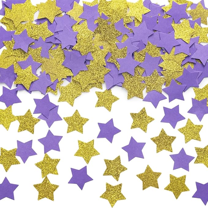 Gold and Purple Star Confetti Table Decoration for Graduation Birthday Retirement Wedding Pride Theme Party,1.2 inch in Diameter,200 Counts