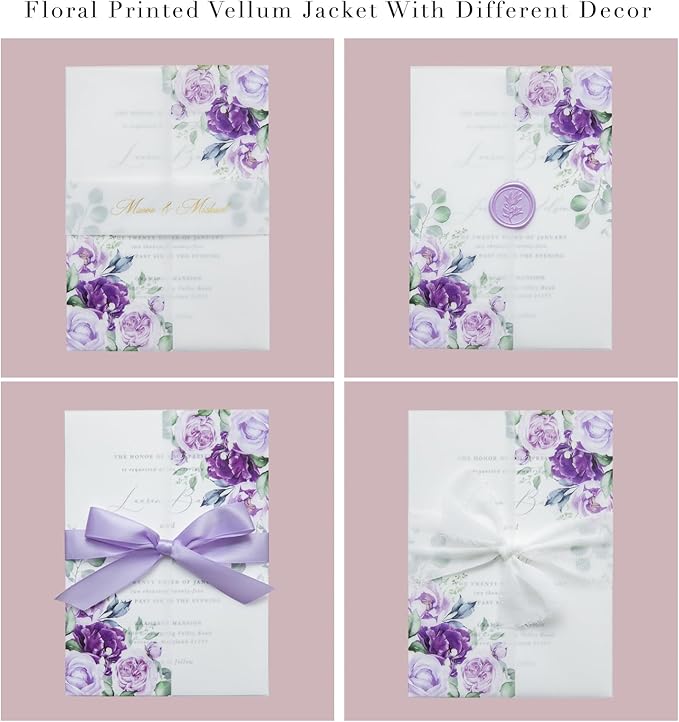 PONATIA 50 PCS Purple Vellum Jackets for 5x7 Invitation Cards- 135GSM Lilac Floral Printed Vellum Sleeves, Quinceanera Wedding Invitation Cards Wraps, Transparent Christmas Gift Cards Jackets