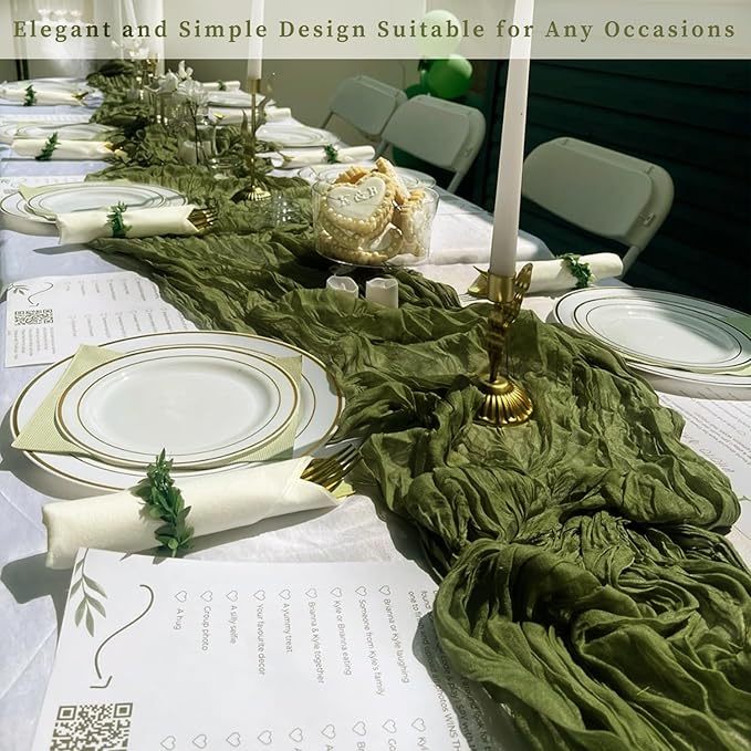 12 Pack Olive Green 10FT Cheesecloth Table Runner Rustic Gauze Cheese Cloth Table Runner for Wedding Bridal Baby Shower Table Decorations Boho Fabric Sheer Birthday Party Decor 20 x 120 Inch Long