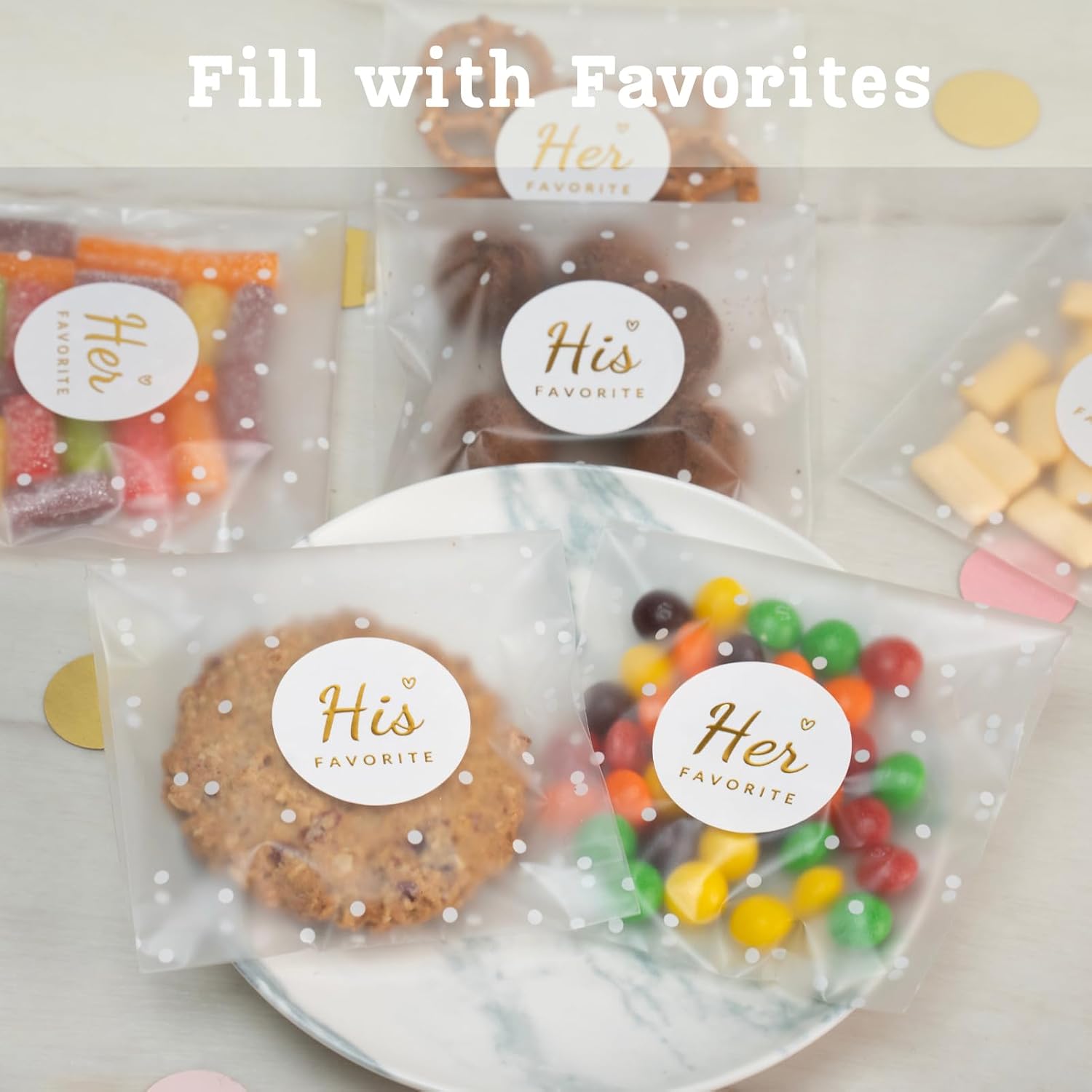 JollyFayre His Favorite Her Favorite Stickers (50 + 50) with 100 Polka Dot Gift Bags – Perfect Wedding Party Favors, Welcome Bag Stuffers