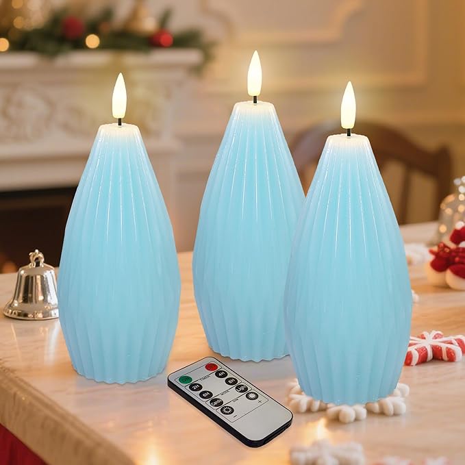 Silverstro Ocean Flameless Candles Remote Irregular Polygon Ribbed Design Real Wax Flicker Battery Operated Candles for Home Party Wedding Thanksgiving Christmas Nautical Decor - Set of 3(Blue)